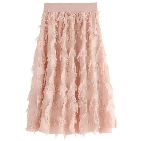 Creative Womens Umbrella Skirt Feather Fringe High Elastic Waist Midi A-Line Swing Skirt Cute Irregular Multi-Layer Cake Skirt