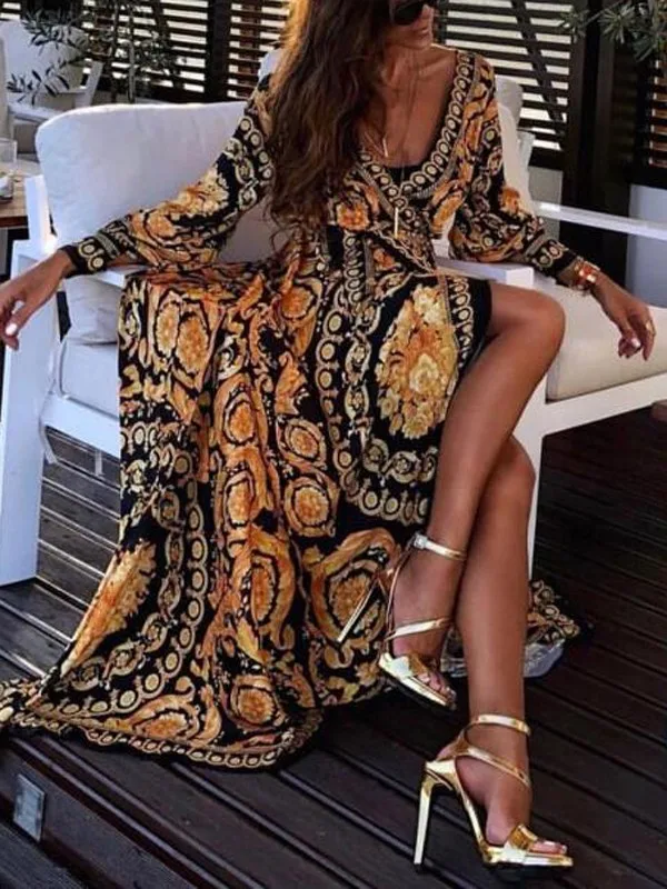 B2538 Fashion Elegant womans dress Sexy Boat Neck Glitter Deep V Neck Print Casual Dresses Formal maxi dresses women