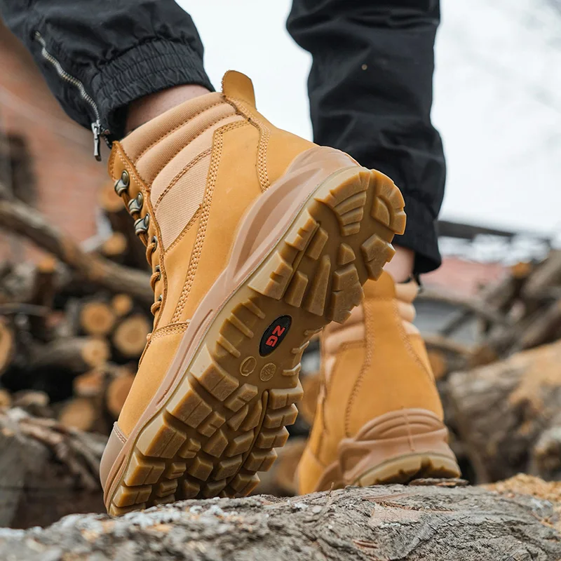 Hot Sale Brown crazy horse and Yellow nubuck leather With Zipper safety work boots, Anti-smash Anti-puncture Safety Martin Boots