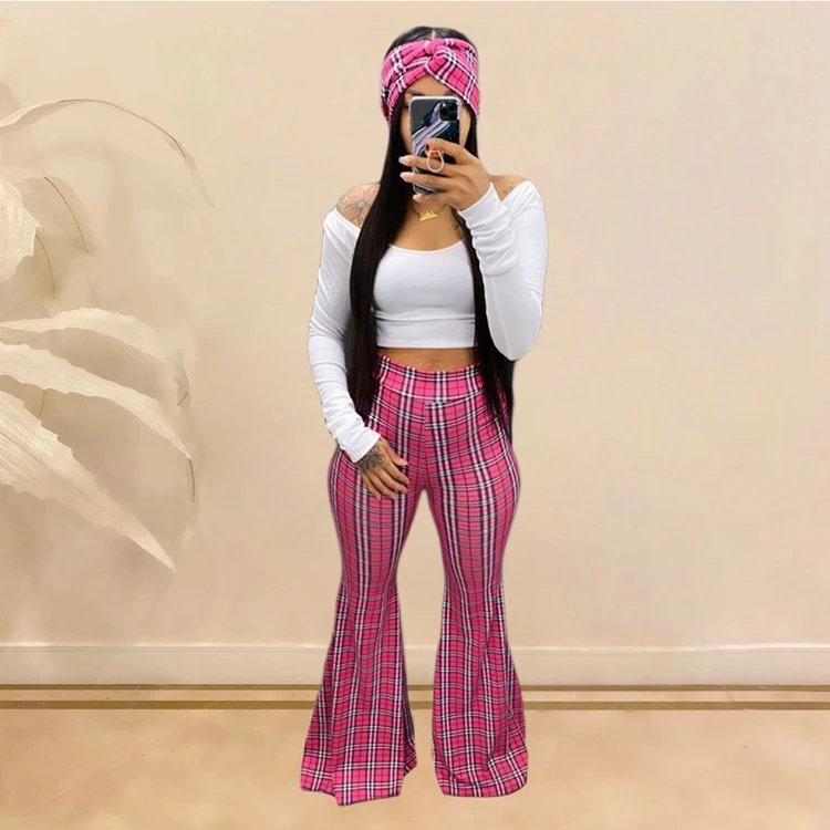 2020 matching women set high waist cotton knitted stripe plaid flare leg pants and women top scarf three piece set