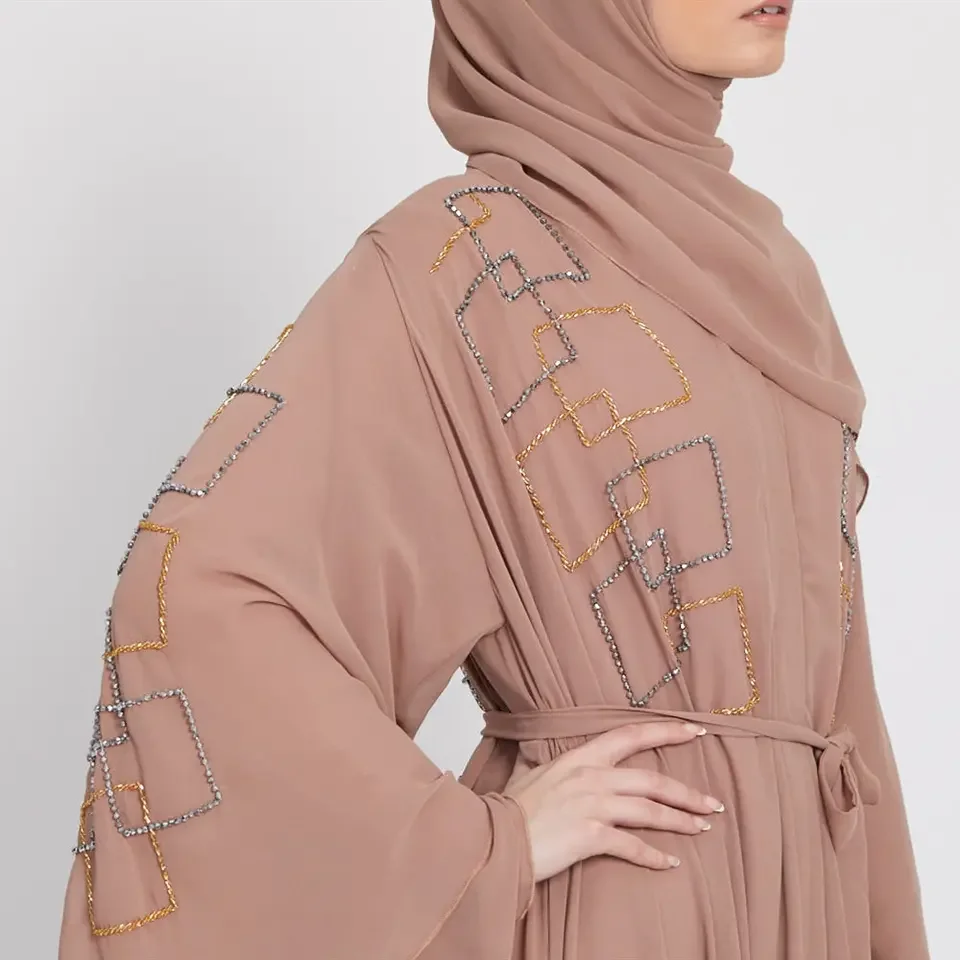 Customized Color Fashion Luxury  Chiffon  Layered with beads  Open Abaya Women Muslim Dress abaya