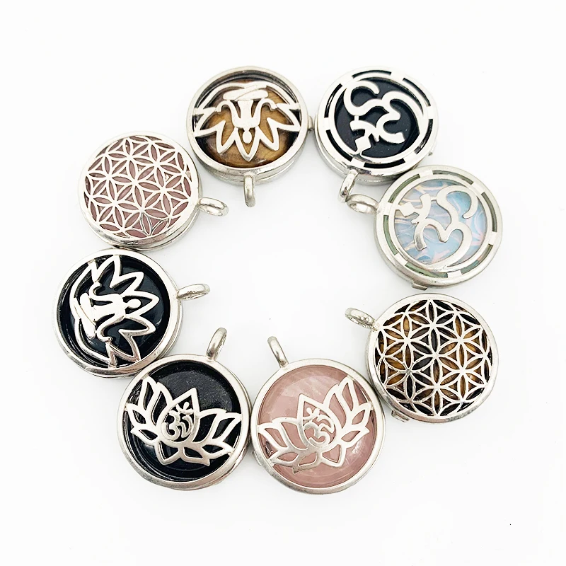 Natural Stone Pendant Round Charm Lotus Ohm Zen Woman Necklace 25 mm Energy Jewelry