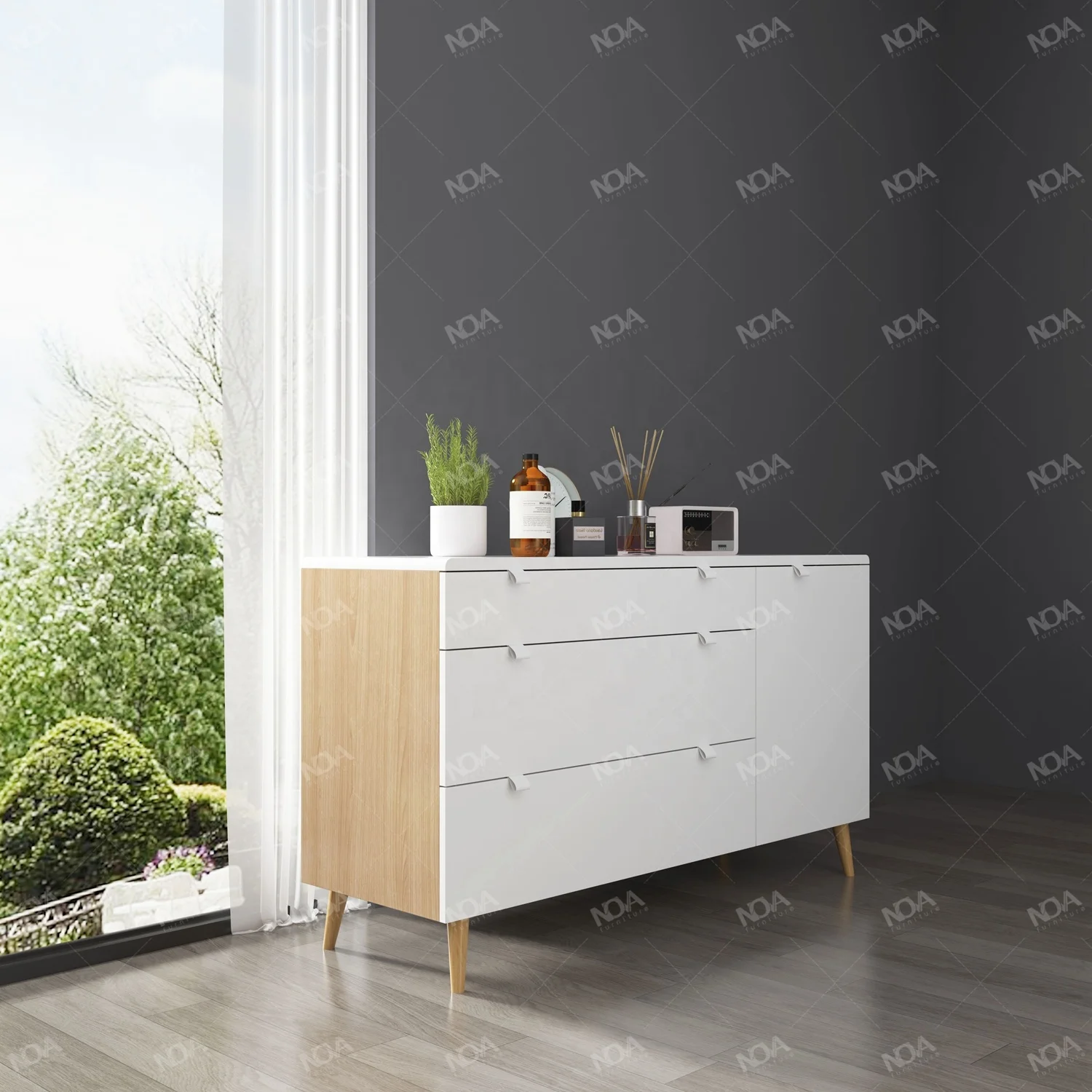 NOVA Luxury Modern Wood Grain+White Dresser Organizer Melamine Finishing Simple Dresser With Drawers For Bedroom