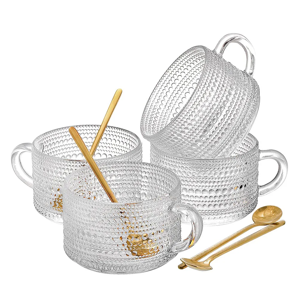 450ml Nordic Embossed Glass Milk Mug Transparent Handgrip Coffee Cup With Handle Golden Rim Hotel Use Teacup Kitchen Drinkware