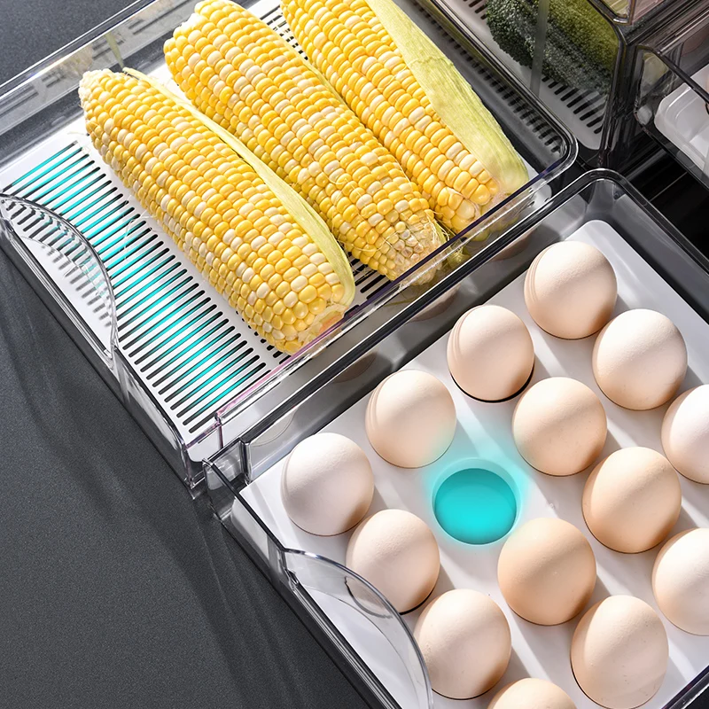 32 Grid Kitchen Stackable Pull Out Bins Holder fridge Organizer Double Layers Container Refrigerator Egg Storage Box Drawer