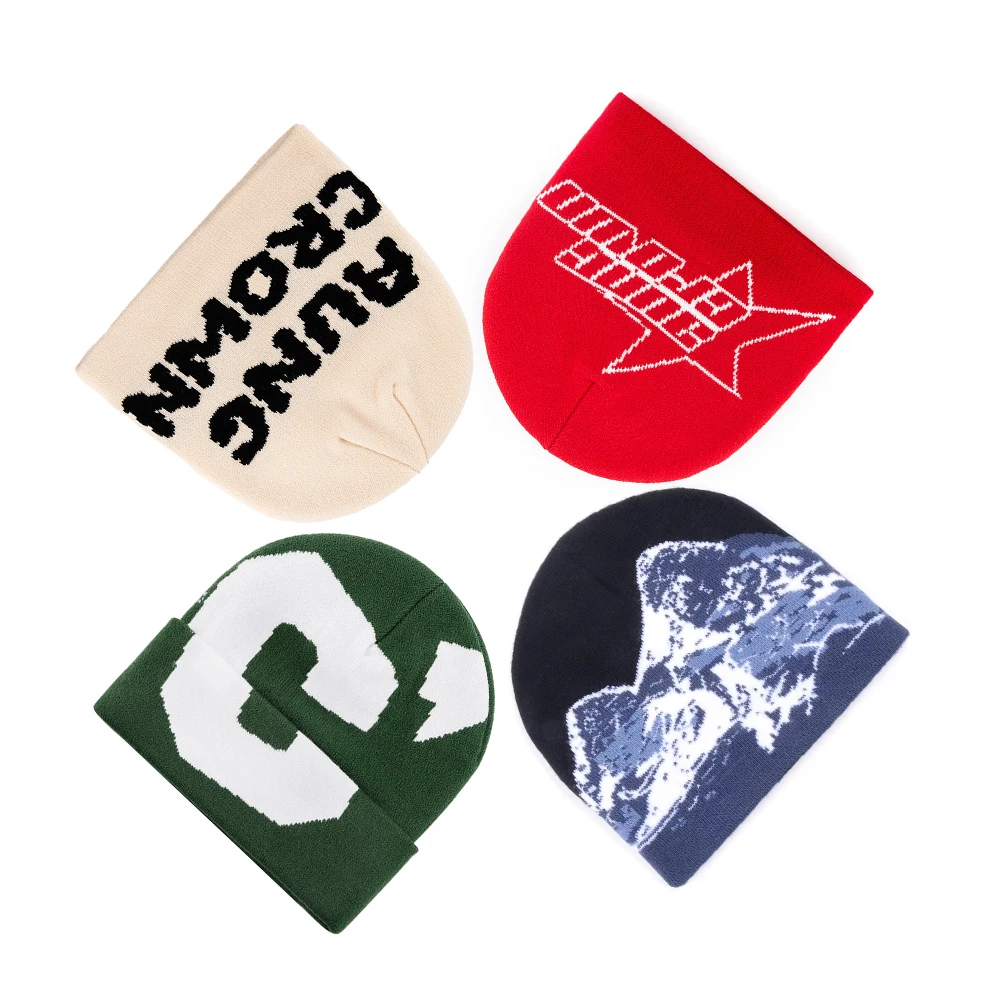 Custom Winter Knitted Hat Logo Printed Jacquard Beanies All Over Logo Knitted Jacquard Winter Skull Beanies