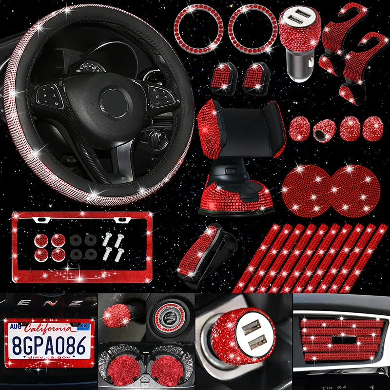 Crystal Interior Decor USB Charger Small Hook Phone Holder License Plate Frame Sunglasses Clip Bling Steering Wheel Covers Set