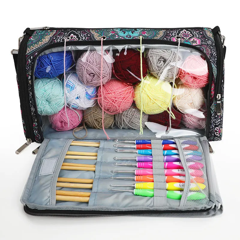 Hand Woven Crochet yarn Flower graphical needle thread Long form Handbag Sewing tool Bag knitted yarn hook thread storage bag