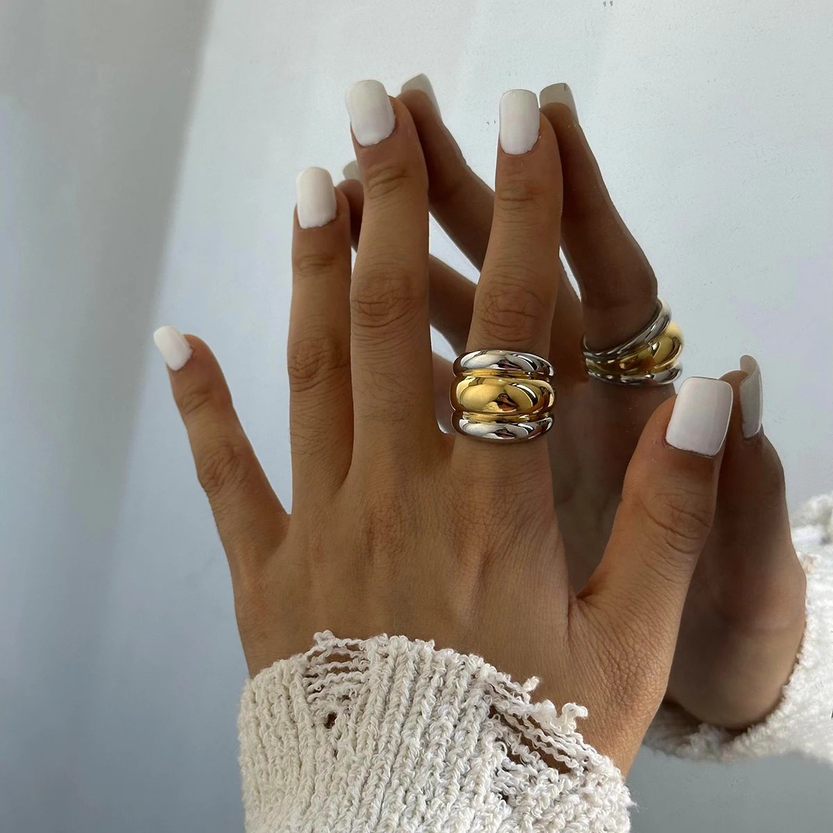J&D Two-Tone Layered Ribbed Ring 18k Stainless Steel Chunky Gold Silver Mixed Design Rings