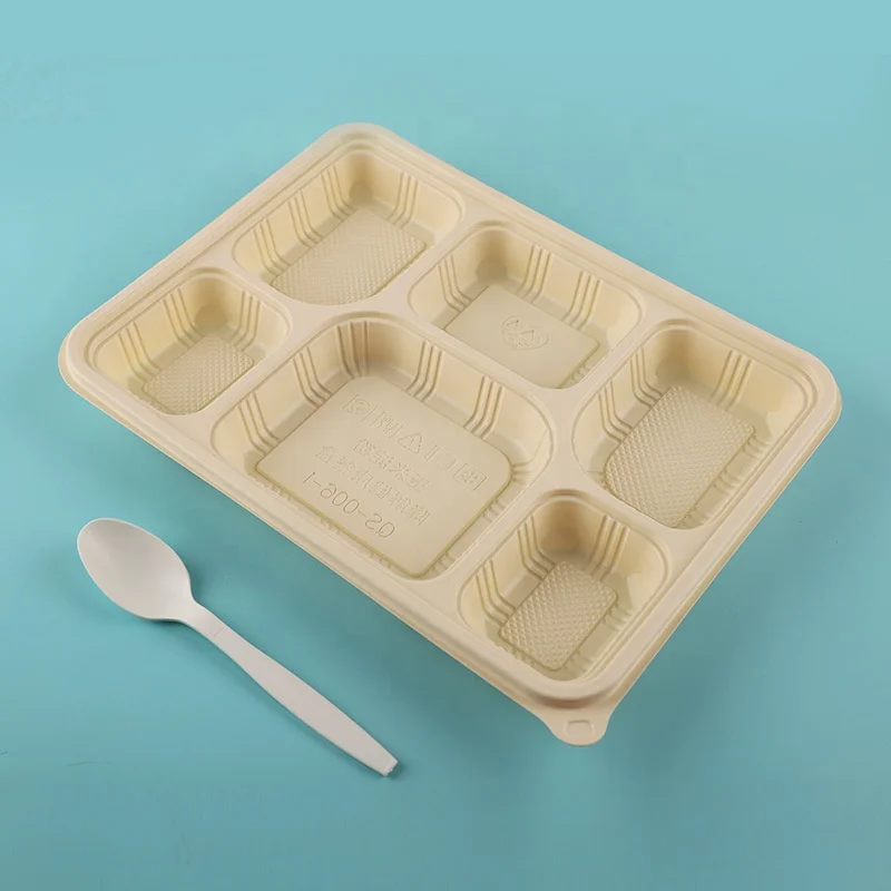 Takeaway food packaging biodegradable corn starch disposable food serving trays with lid divided 6 compartment food tray