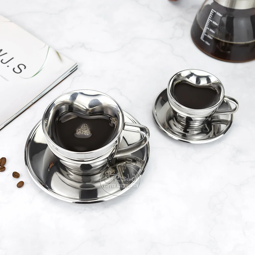 Valentine Shape Espresso Coffee Cup Set Insulated Double Wall Stainless Steel Tea Mug Milk Jug Unbreakable Cappuccino Cup Set