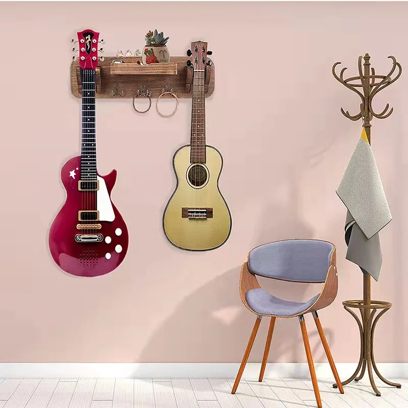 Solid Wood Storage Rack Shelf Guitar Stand Wall Hanging Creative Key Coat Hook High Quality Woodwork