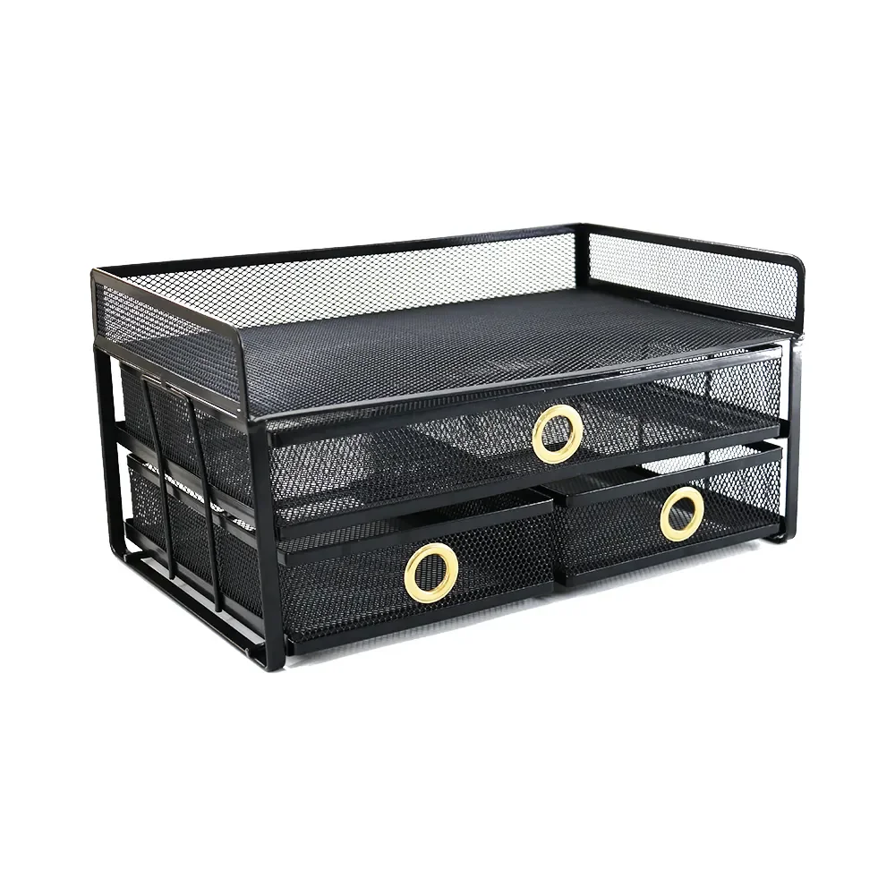 Office Desk Black Metal Wire Mesh 2 tiers Desktop file Organizer with 3 Sliding Drawers