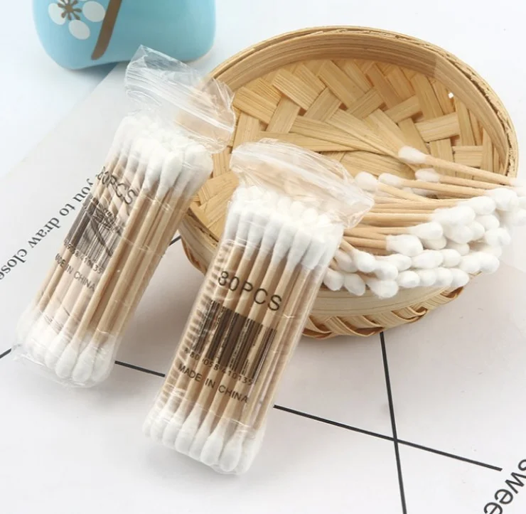 100PCS Hot Selling 100% Raw Cotton With Bamboo Wooden Paper Sticks Ear Swab Cotton Buds