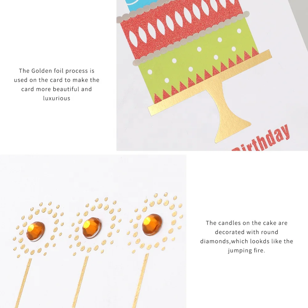 
Best Seller Luxury Gold and Holographic Foil Cake Happy Birthday Greeting Cards with Glitter 