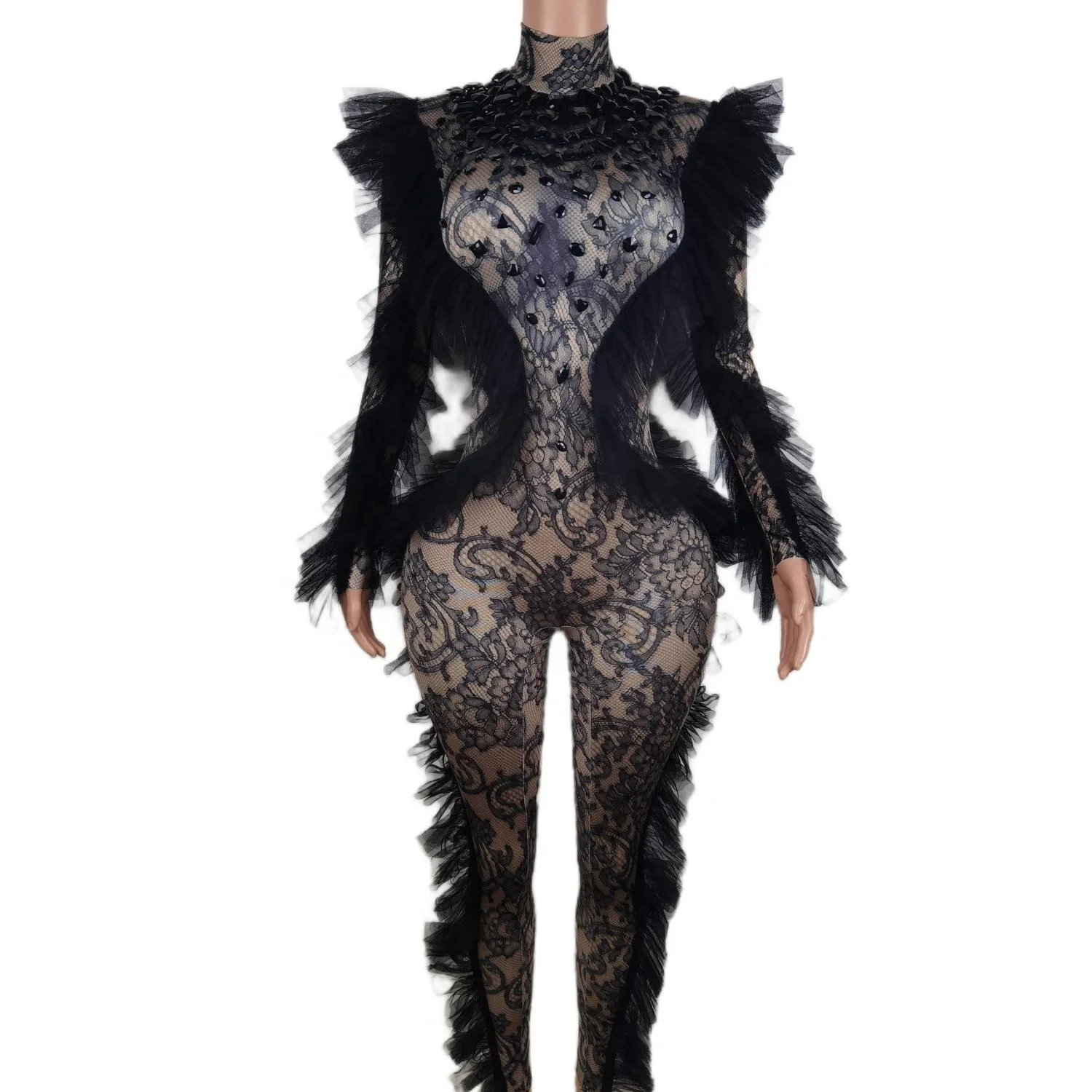 2023 Long Sleeves Black Lace Print Ruffles Bodysuits Photoshoot Exotic Dancer Clothes Women Party Rompers Rhinestone Jumpsuit