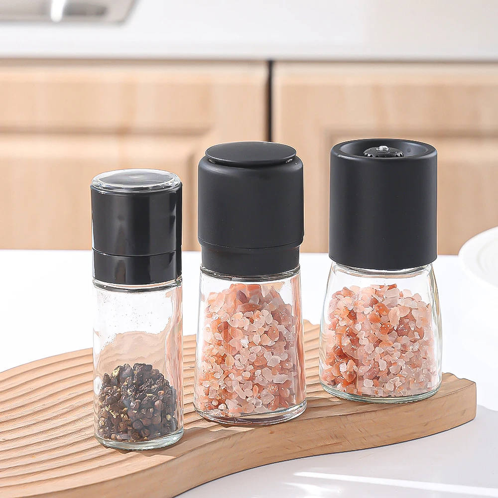 Custom Box Black Color Salt Spice Grinder with Adjustable Coarse Mills Clear Transparent Glass Bottle with Black Plastic Grinder