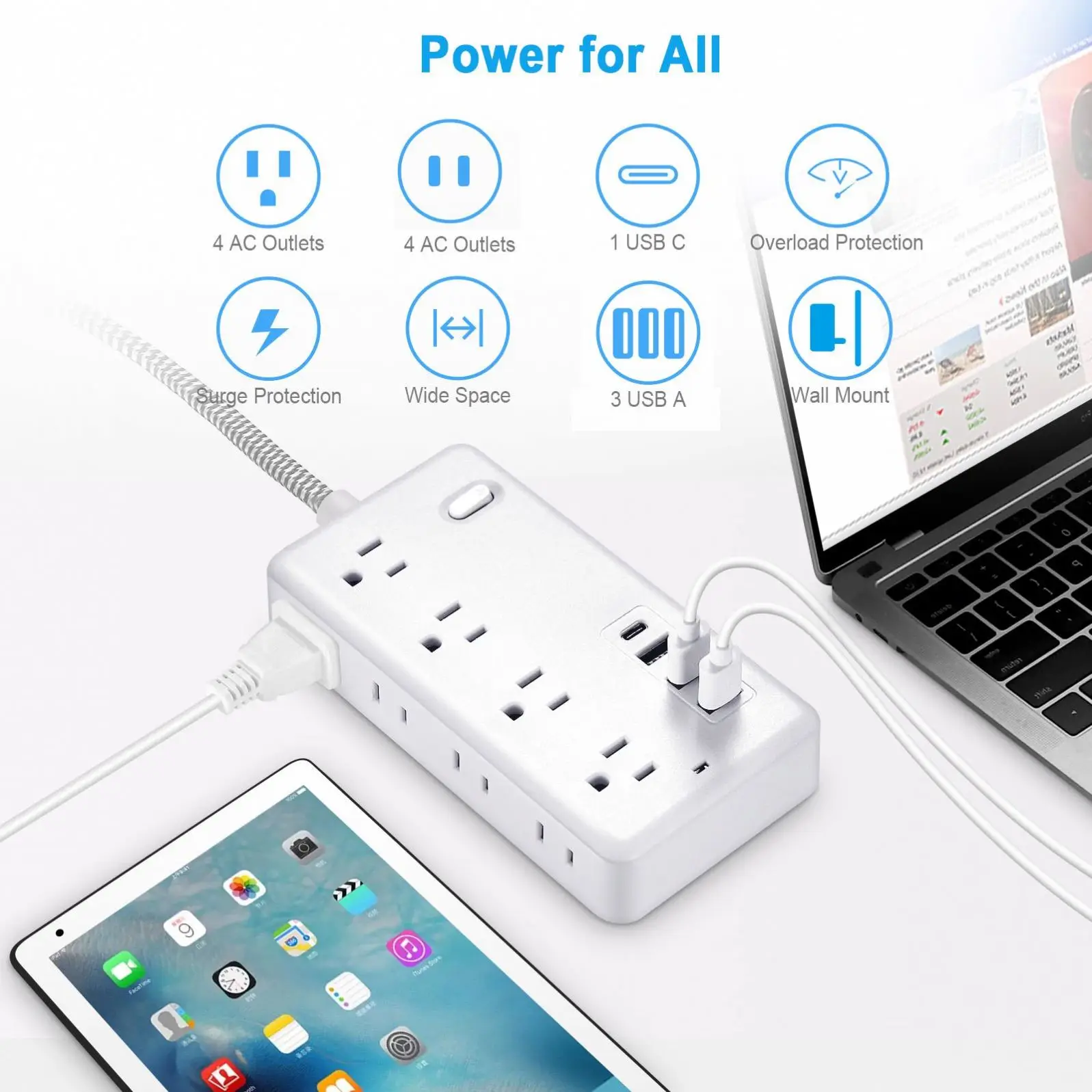 1.2 US cable  Surge Protector Power Strip with 8 Widely Outlets 4 USB Ports Flat Plug Wall Mount Outlet Extender