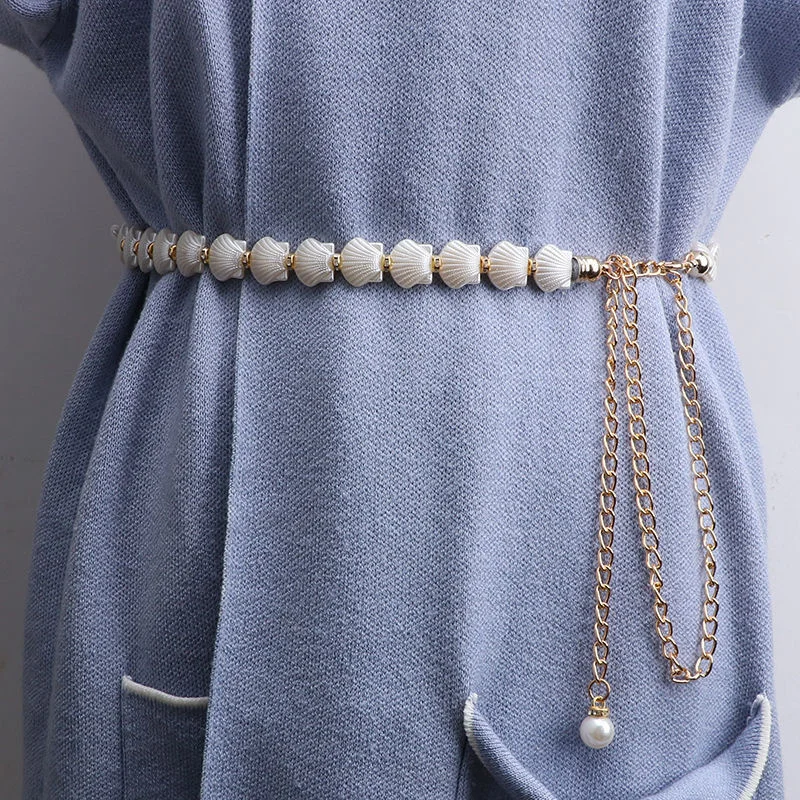 Модная цепочка из искусственных ракушек, Женский поясной ремень с бусинами, женский милый пояс с белой розой для платьев