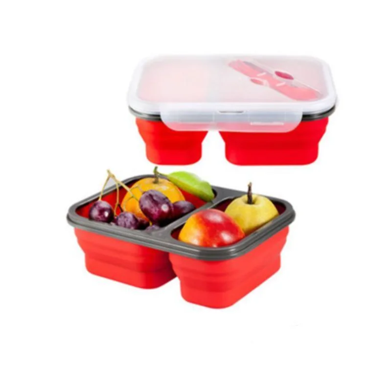 Outdoor Picnic School Bento Collapsible Silicone Double Grids Food Fresh Keeping Food Folding Lunch Box
