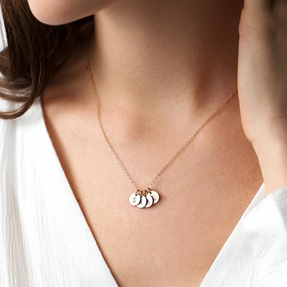 13MM Stainless Steel Engraved Personalized Disk Necklace with Tiny Initial Custom Kids Initials Necklace Letters Gift For Mom