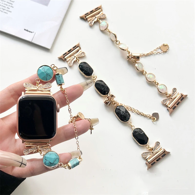 Energy Gemstone Beaded Watch Band 41mm Chain Jewelry Watch Strap For Apple Watch Series 8 45 mm Band
