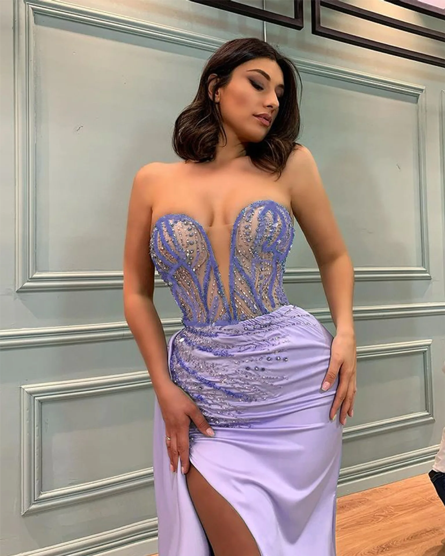  LM9064Q Blue sequined tube top evening dress Sexy split party fashion women