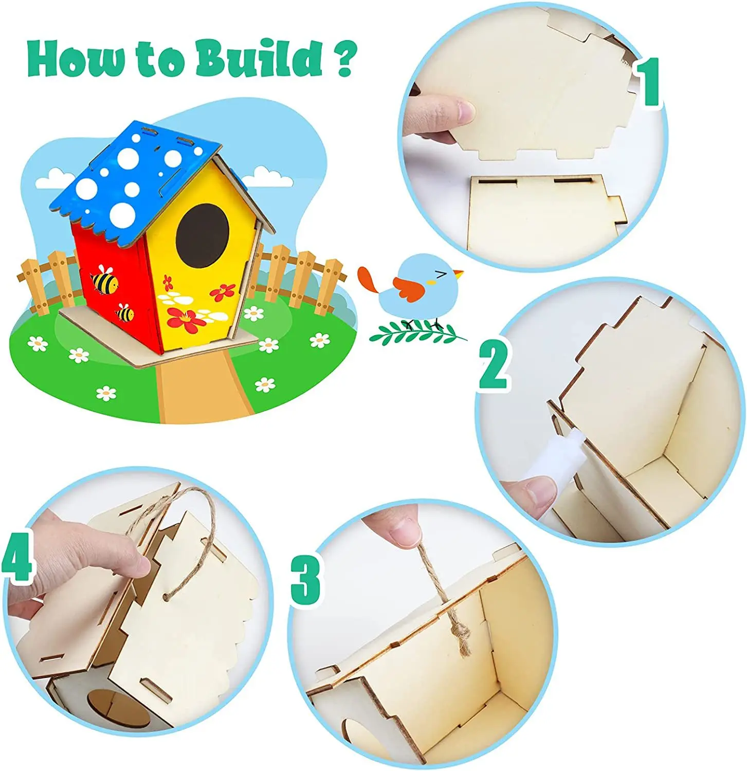Wooden Handmade bird house kit blank wood board puzzle DIY creative hand painting small house Log cabin craft pendant