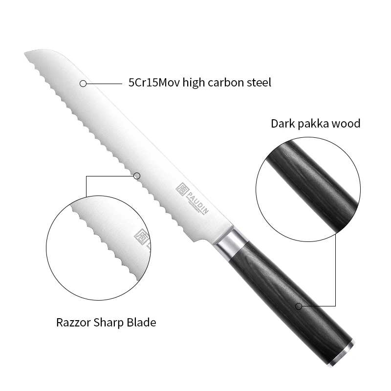 New Arrivals 8 Inch Chefs Knife 5Cr15Mov Stainless Steel Serrated Blade Pakka Wood Handle OEM Kitchen Knife Bread Knife