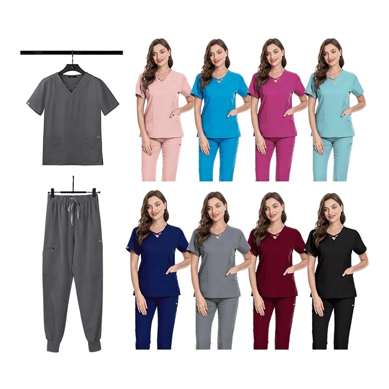 2024 Hot Selling Stylish Burgundy Navy Blue Medical Scrubs Womens Scrub Nursing Polyester Stretchy Hospital Uniforms