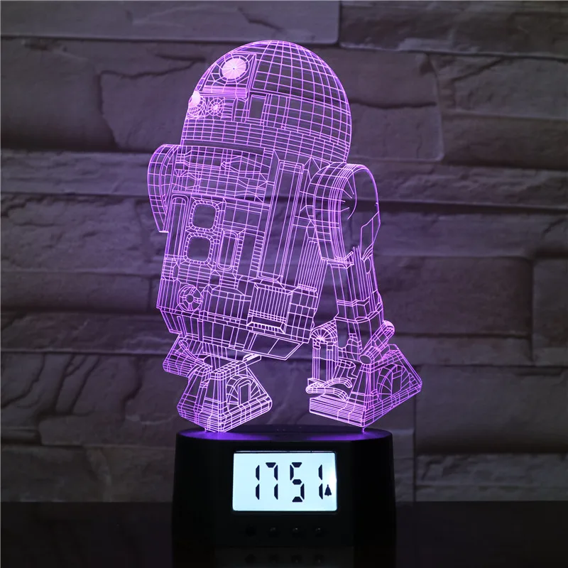 Individual design Robot shape illusion Digital USB Rechargeable AAA Battery Base Led 3D night light Alarm Clock Lamp