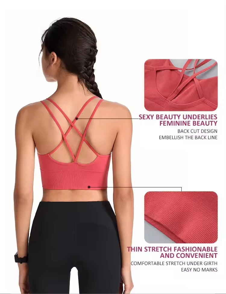 Padded Ladies Strap Cross Back Yoga Seamless Solid Sports Bra Crisscross Back Underwear Cross-back Top Bra U-shaped Neckline