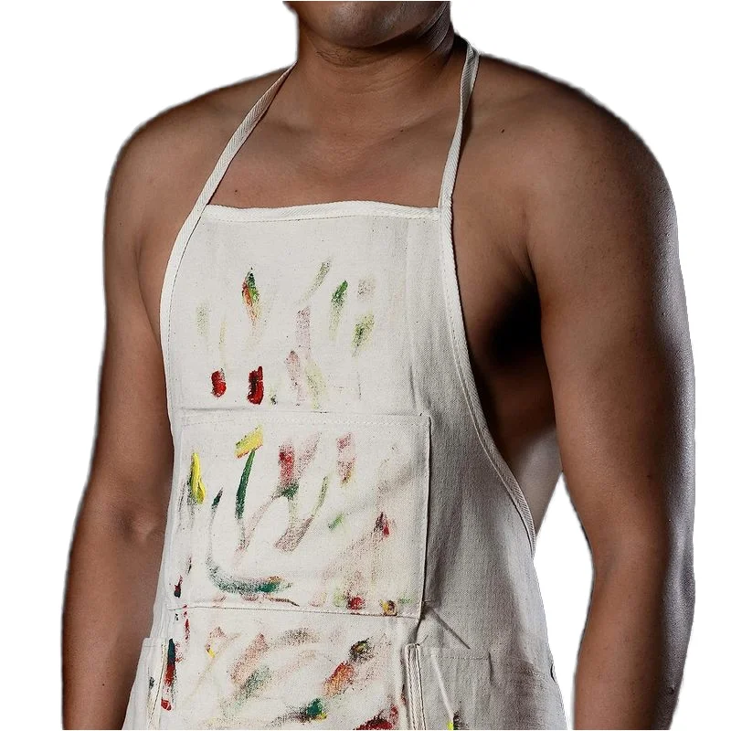 canvas/100% waterproof washed canvas apron with 3 pockets custom logo size BBQ uniform paint apron