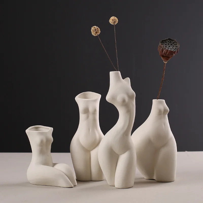 Simple Nordic Dry Ceramic Porcelain Female Human Naked Body Flower Vase Indoor Home Decoration Studio Decoration