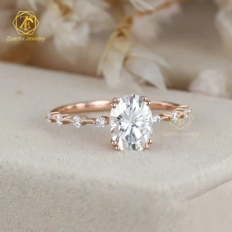 ZUANFO 1.5 Carat Oval Moissanite Engagement Ring with 14k Rose Gold High-end Jewelry with White Gold Inlay Unique Designs