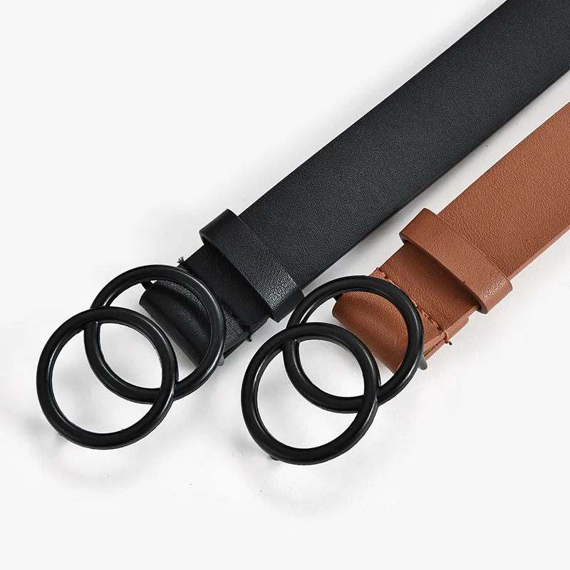 Amazon Hot Sale New Design Female Fashion Round Buckle Brown Black PU leather Belt For Women