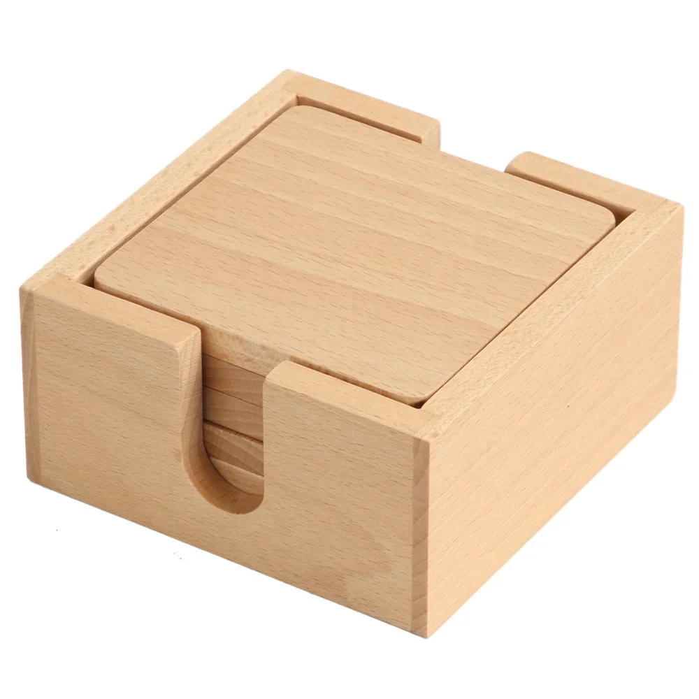 5-Pack Set Square Shape Bamboo Wooden Coasters with Holder