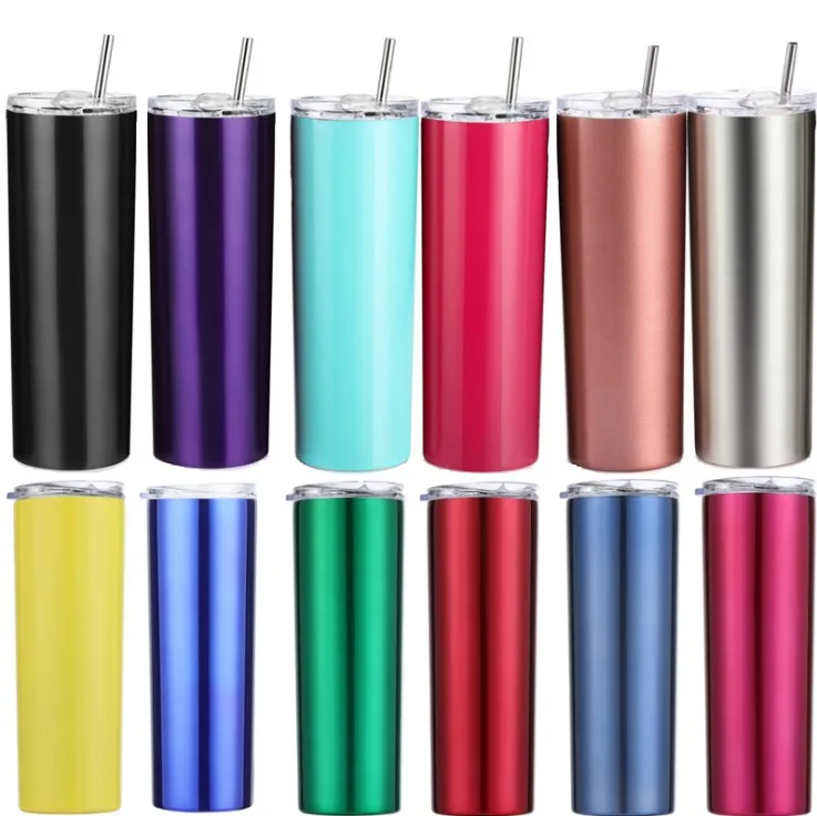 Wholesale 20oz 30oz Double Walled Vacuum Insulated Stainless Steel  skinny tumbler Cups  with lid and straw