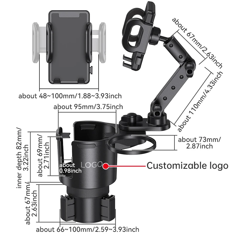Shunwei 2 in 1 car drink holder extendable phone mount adjustable arm extendable base car phone holder car cup holder