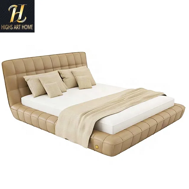 Factory Direct Sales Italian Luxury Import First Layer Light Pink Cowhide Double Queen Bed Cream Wind Atmosphere Wedding Bed