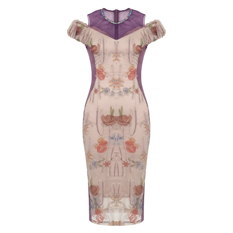ZYHT 10707 Light Purple Off Shoulder Patchwork Floral Printed Short Sleeve Woman Dresses Elegant Street Summer Dress