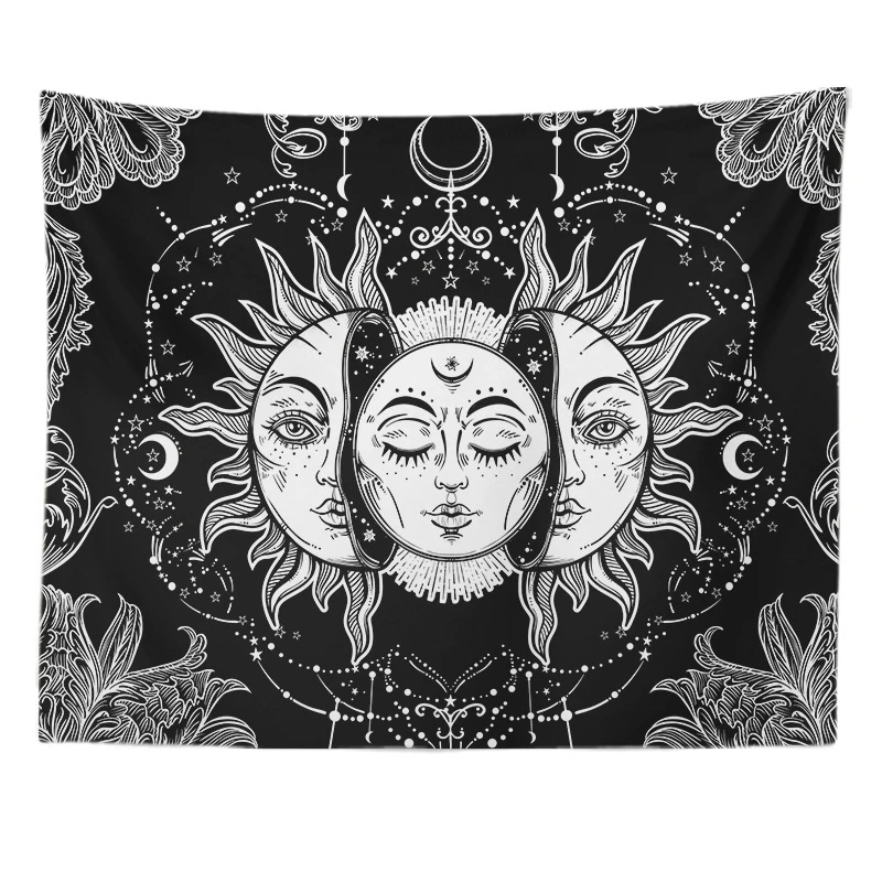 Sun and Moon Tapestry Burning Sun with Star Tapestry Black and White Mystic Tapestry Wall Hangings