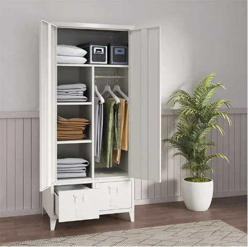 New Design Living Room Swing Door Metal Closet Steel Wardrobe Cabinet Photo With 2 Drawers and High Feet