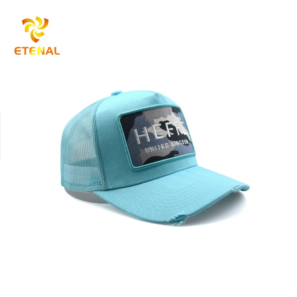 wholesale Custom High Quality Mens 5 Panel Cotton Embroidery Patch Logo Dubai Foam Mesh Distressed Trucker Caps Hat