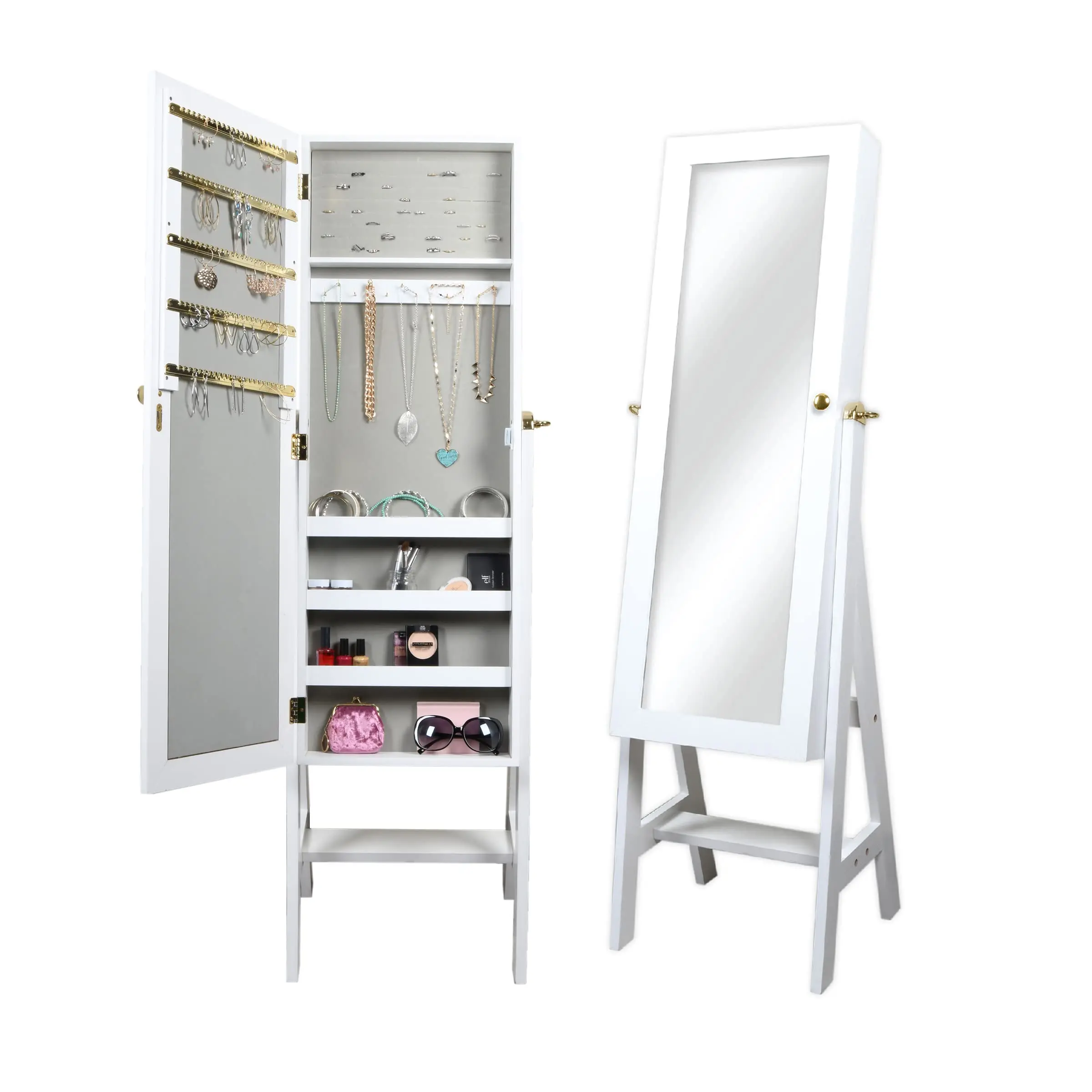Hot Sales Full Length Jewelry Armoire With Mirror Cabinet Full Length Jewellery Storage Rack Featuring Wheels and Drawers