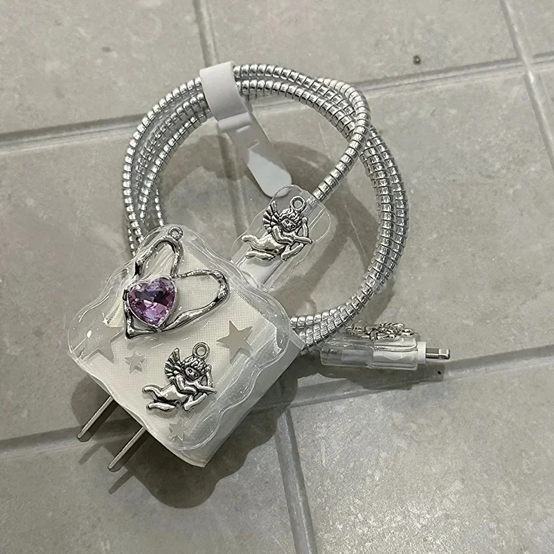 Korea Cute Epoxy Diamond Love Heart Charger Case For IPhone 11 12 13 14 15 18/20W Clear Charge Protection Cover Charger Sleeve