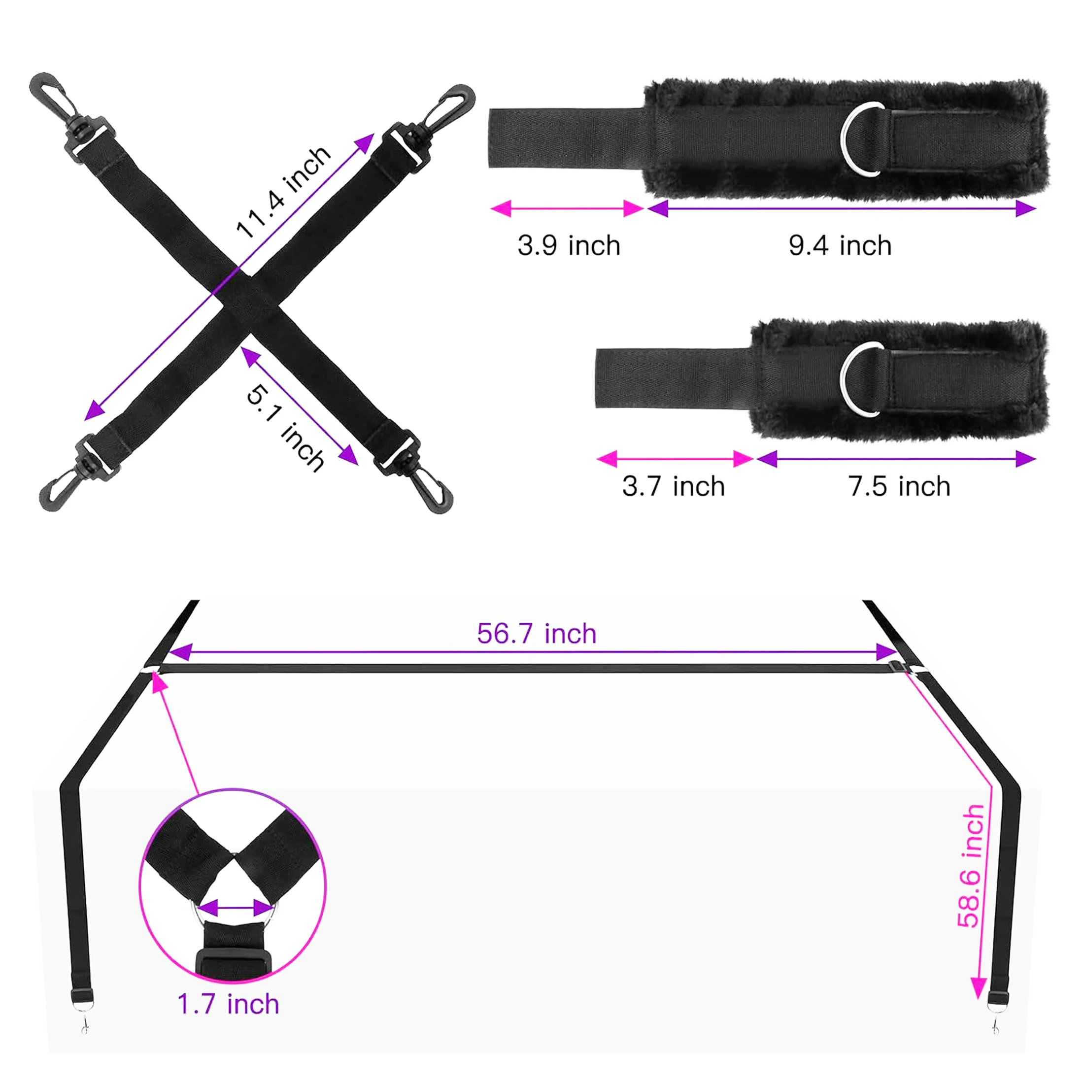 Bed Adjustable Bondage Restraints Cross Strap Wrist Ankle Cuffs Durable Nylon and Soft Plush BDSM Toys for Couples