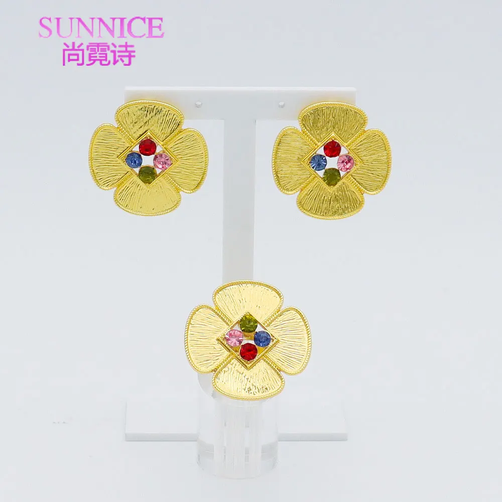 Sunnice Multi diamonds Accessories Jewelry African Wholesale 18k Earrings Rings Fashion Dubai Gold Plated Women Jewelry Sets