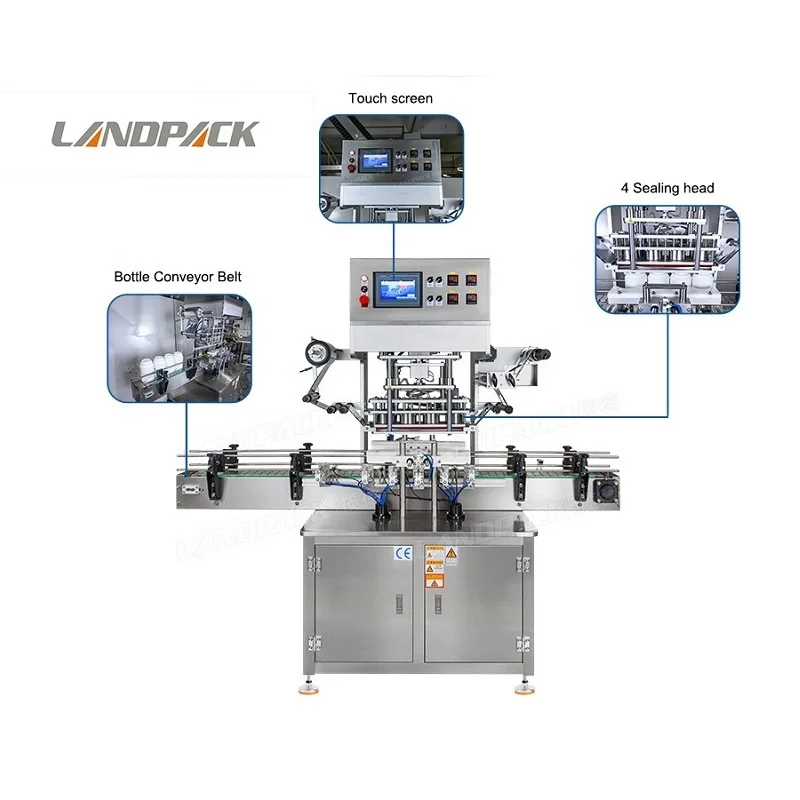 Fully Automatic 4 Heads Plastic Round Bottle Aluminium Roll Film Foil Lid Sealing Machine