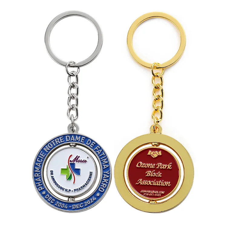Manufacturers Souvenir Custom Rotating Metal Double-Sided Soft Enamel Keychain Charms Rotate 360 Gold Silver Key Chains